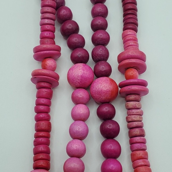 Pink Wooden Beaded Necklace 2 Strands Womens Fashion Jewelry Boho Festival - Picture 3 of 6
